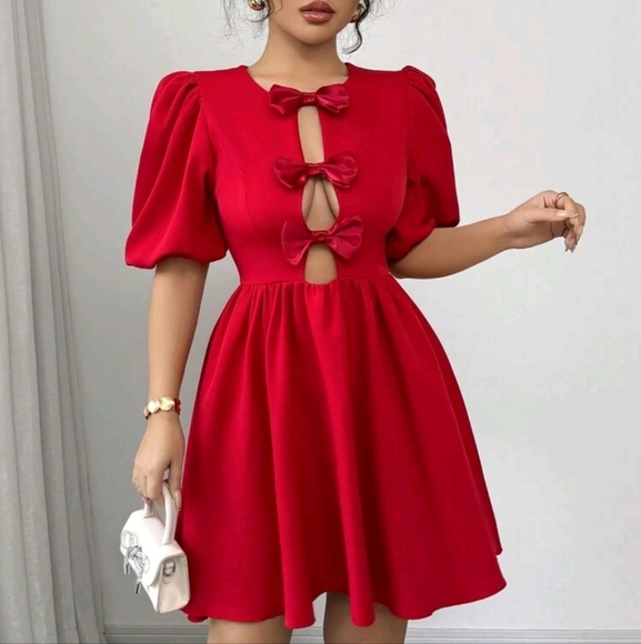 Elegant Round Neck Puff Sleeve Bow Tie Hollow Out Midi Peplum Dress - Picture 3 of 4